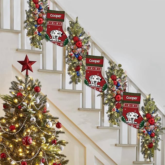 Personalized Christmas Stocking Bull Terrier Dog Red Christmas Snowflake Xmas Holiday Stocking Fireplace Home Decor 14"