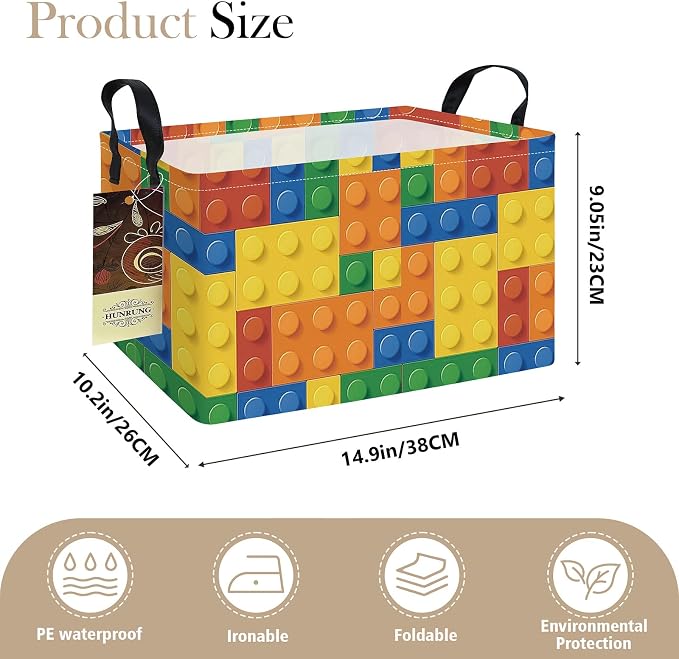 Rectangle Foldable Storage Basket Handles For Home, Colorful Blocks | Waterproof canvas material, reinforced handles, perfect for shelf use, organizes clothes, daily items and pet supplies