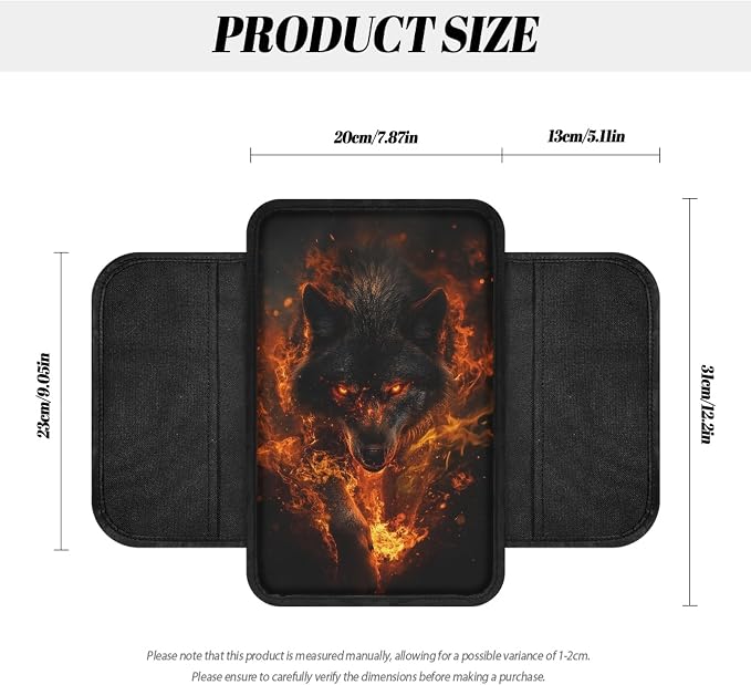 Howilath Flame Wolf Car Center Console Cover Universal Fit Armrest Cushion | Anti-Slip Backing, Protects from Scratches and Stains, Fits Most Cars and Trucks