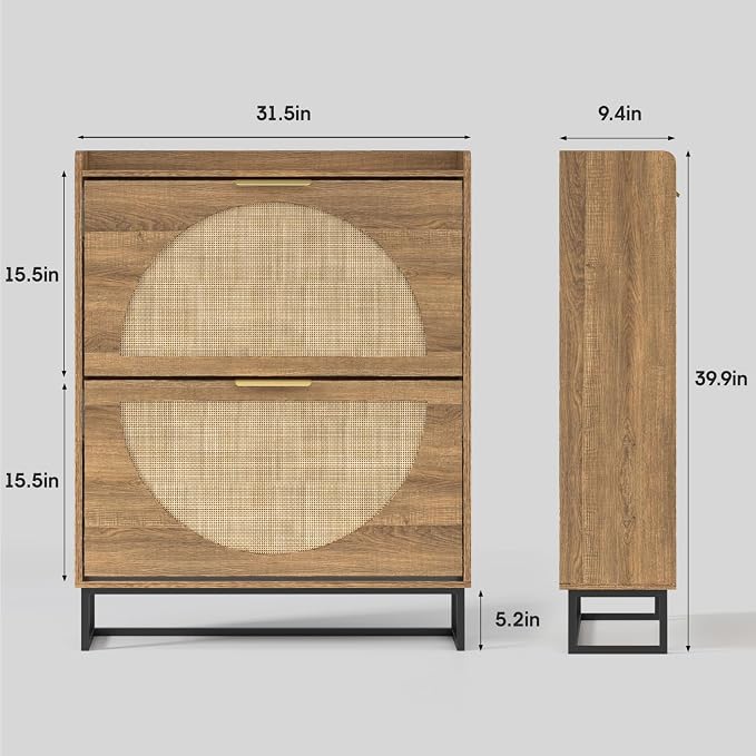 Maupvit Rattan Shoe Storage Cabinet with 2 Flip Drawers, Freestanding Shoe Organizer with Metal Legs for Entryway, Hidden Golden Handles, Narrow Shoe Rack Cabinet, Rustic Oak Rattan