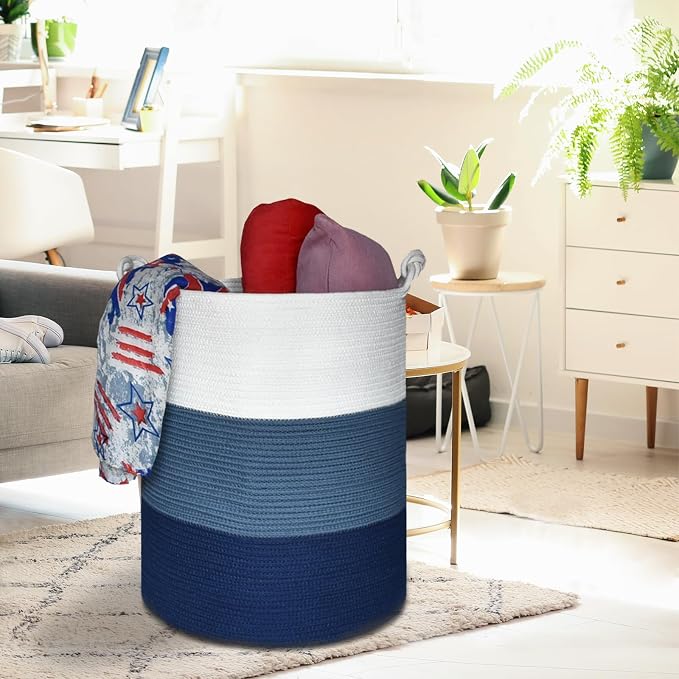 COMSE Tall Woven Blanket & Laundry Basket, 72L, White & Blue | 15.7”x 21.7”, Cotton Rope, Large Nursery Hamper for Storage of Toys Clothes Towels, Great for Living Rooms Bedrooms Bathrooms
