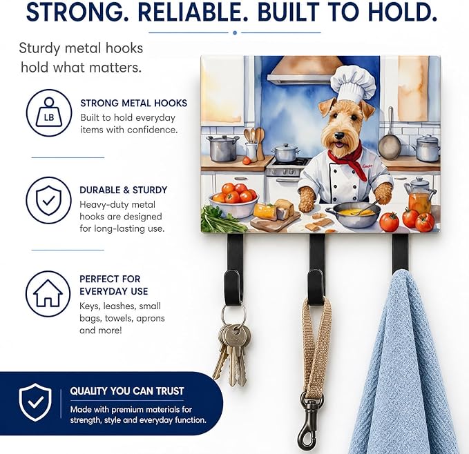 Caroline's Treasures Lakeland Terrier The Chef Leash or Key Holder Wall Hooks, Key Hooks Holder, Coat Rack Wall Mount, Coat Hooks, Hooks for Hanging Keys, Towels, Aprons, Leashes | Lakeland Terrier The Chef artwork on ceramic tile with three steel hook...