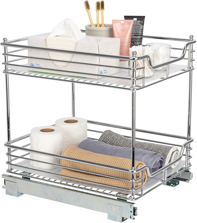 Household Essentials Glidez Chrome-Plated Steel Pull-Out/Slide-Out Storage Organizer with Plastic Liners for Under Cabinet Use - 2-Tier Design - Fits Standard Size Cabinet or Shelf, Chrome