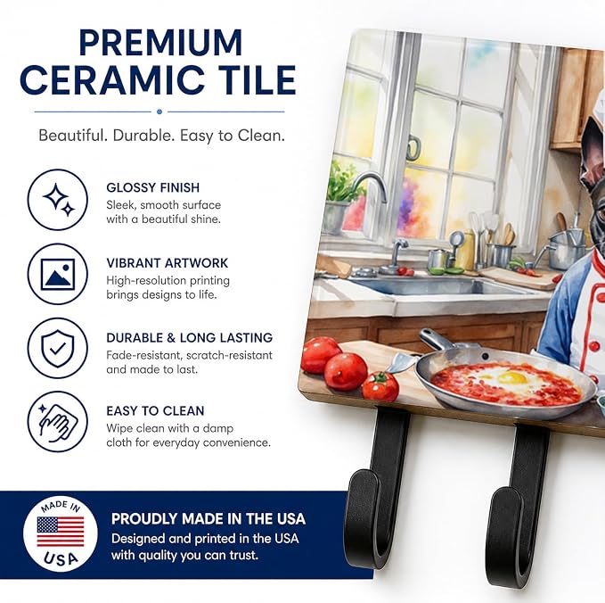 Caroline's Treasures Boston Terrier The Chef Leash or Key Holder Wall Hooks, Key Hooks Holder, Coat Rack Wall Mount, Coat Hooks, Hooks for Hanging Keys, Towels, Aprons, Leashes | Boston Terrier The Chef artwork on ceramic tile with three steel hooks fo...