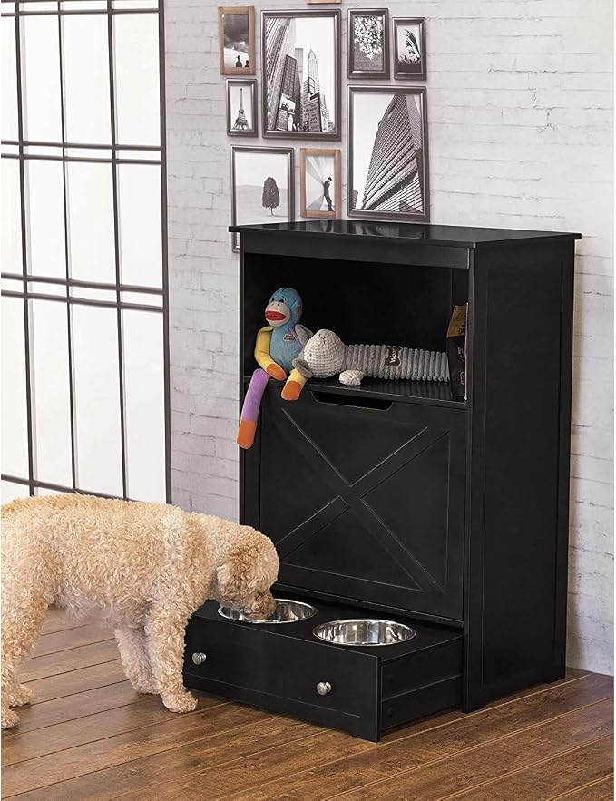 zoovilla Windsor Pet Feeders with storage - dog bowl stand, pet feeder station, Black 13.78?D x 24.02?W x 35.04?H