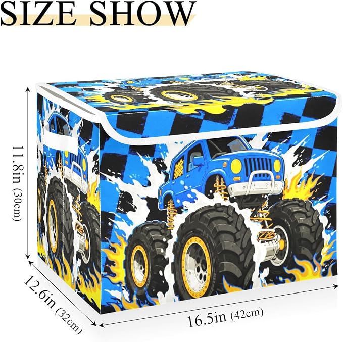 Fabric Storage Bins with Lid Monster Truck Closet Storage Basket 40L | Decorative Storage Boxes, Foldable & Stackable, Dust-Proof Flip Top, Reinforced Handles, For Home & Dorm, Clothes & Toy Box