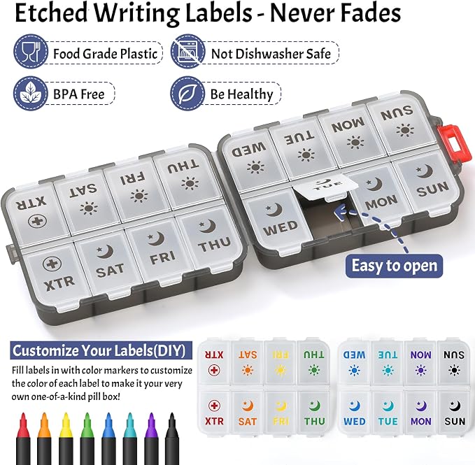 Foldable Weekly Pill Organizer 2 Times a Day with 2 Extra Compartments - Etched Label - Portable 7 Day AM PM Medicine Box, Week Daily Travel Pill Case Holder for Meds, Vitamin, Supplement, Clear Black