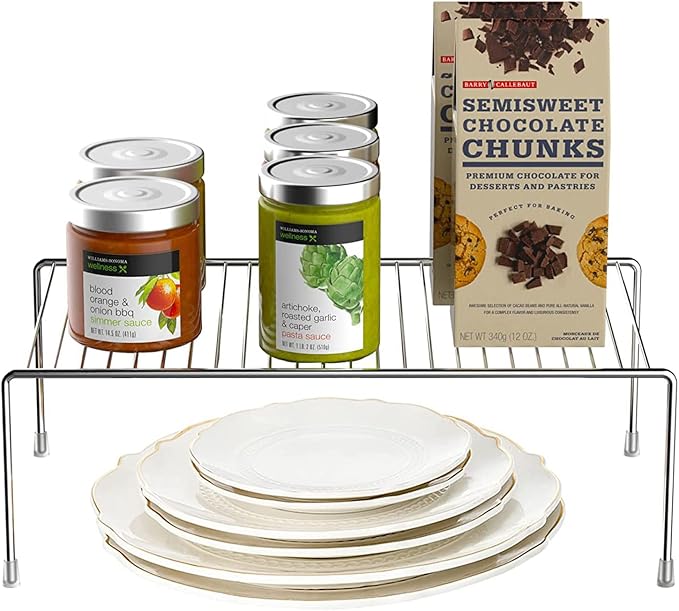 Kitchen Cabinet Shelf Organizer Set of 2, Large (15.7 x 9.4 inch) Metal Wire Pantry Storage Shelves, Dish Plate Racks for Cabinets, Freezer, Counter, Cupboard Organizers and Storage, Chrome