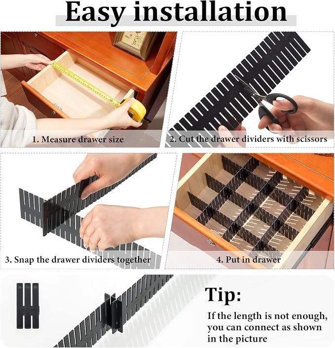Vesici 80 Pcs Drawer Dividers Adjustable Plastic Organizer DIY Separators Storage Dividers for Socks, Underwear, Makeup, Tidy Kitchen, Bedroom, Dresser(Black)