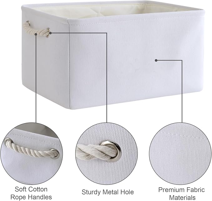 Decorative Basket for Organizing - Medium-1Pack 13.8L*9.8W*6.7H Rectangular Fabric Storage Bin Organizer Basket with Handles for Clothes (White)