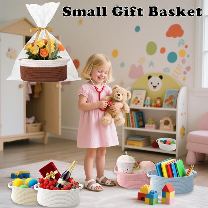 Woven Rope Basket - Baby Gift Basket with Bag & Ribbon, White&Brown | Cotton rope with handle, 12 x 8 x 5 in, gift bag and ribbon, for baby shower, birthday, toy storage, nursery, shelf decor