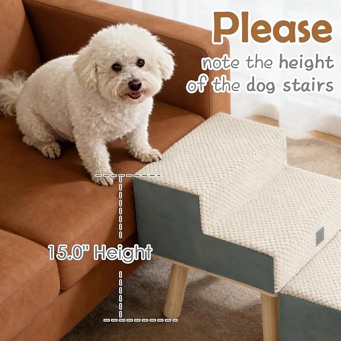 4-Step Ottoman Dog Stairs,2-in-1 Foldable Dog Ramp for Bed | for Small Dogs and Cats, High-Density Foam & Wood Support, Side Storage Pocket, Foldable, 170 lbs, Machine Washable, Grey