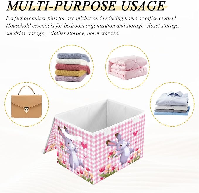 Rabbit Garden Fabric Storage Bins with Lid Closet Storage Basket 40L | Decorative Storage Boxes, Dust-Proof Flip Top, Reinforced Handles, For Home & Bedroom, Clothes & Toy Box, Rabbit Cute Print