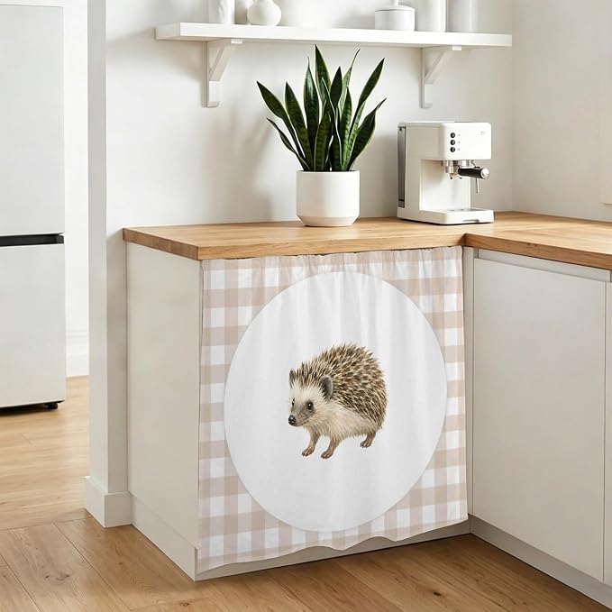 Hedgehog Cabinet Dishwasher Hidden Curtains, Privacy Closet Door Curtain, Modern Farmhouse Linen Checked Animal Adhesive Dust Proof Under Sink Skirt for Bathroom Kitchen 35"x35"