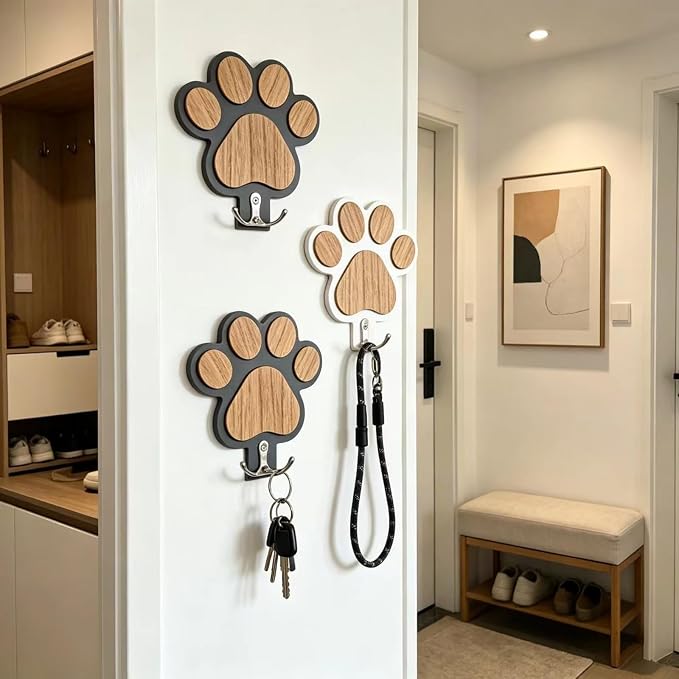 Dog Leash Holder for Wall Mount Hook- Dog Paw Harness Hanger Organizer for Keychain Dog Accessories & Small Items (Black)