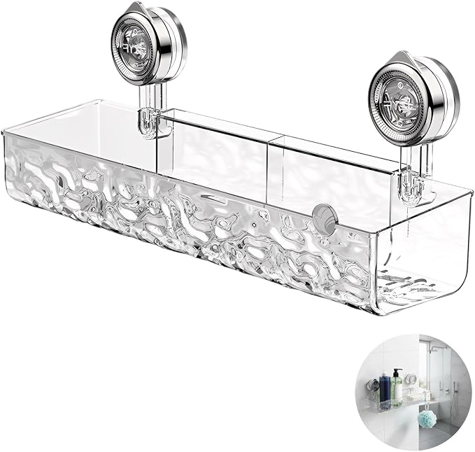 Suction Cup Shower Storage Shelf, No-Drill Wall Mounted Bathroom Organizer with 4 Hooks, 15 in Glacier Transparent Storage Holder, Reusable Storage Rack, Holds 22 lbs