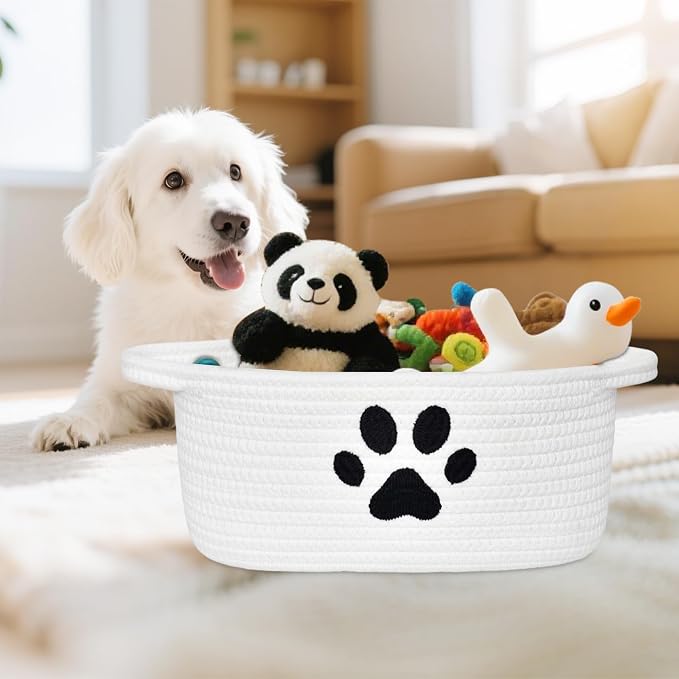 Small Woven Basket with Handle, Cute Dog Paw Baskets for Gifts Empty, Decorative Rope Woven Storage Dog Toy Basket, Nursery Baskets for Baby Shower, 12" x 8" x 5"