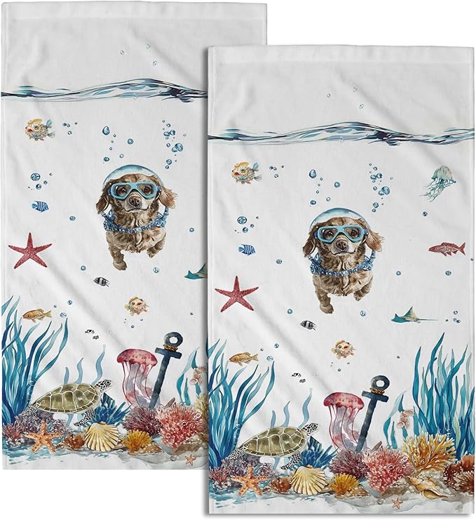 Giwawa Funny Dog Hand Towel Set of 2 Summer Nautical Ocean Blue Sea Towel Underwater Swimming Puppy Decorative Face Fingertip Towel Dish Wash Cloth for Bathroom Hotel Gym Home Spa