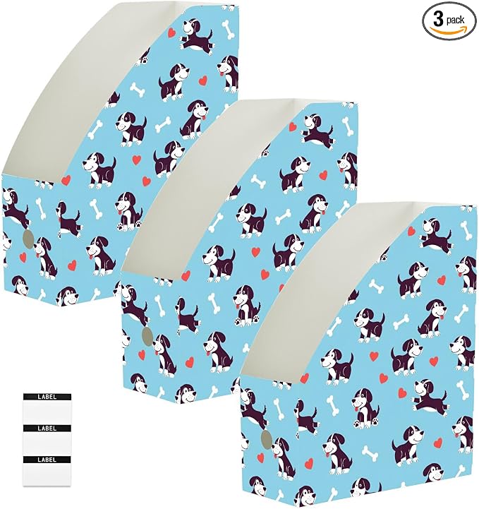 SPRIPORT Cute Pets Puppies Blue Print Water Repellent PP Magazine File Holder Organizer for Desk, Collapsible Storage Rack for Office Library School Document Sorter with Labels 23x30x10cm (3 Pack)
