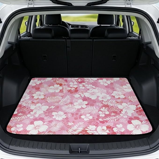 Floral Print All Weather Truck Protection Cargo Liner, 29" x 39" Hawaii Style Car Trunk Mat for SUV, Non Slip Washable Durable Pet Friendly Pink Rear Cargo Mats