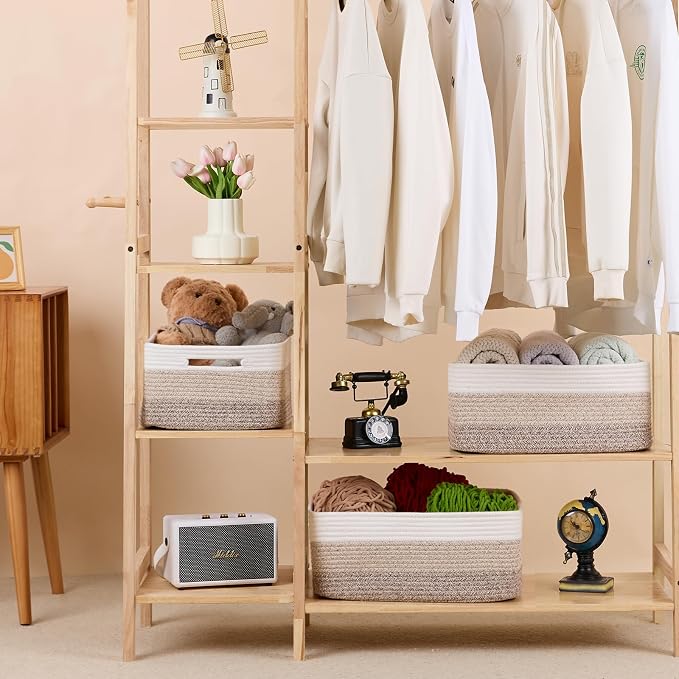 MiniArk Large Storage Baskets for Shelves, 17 x 13 x 7.5” Closet Organizers Bins for Clothes Blanket Towels, Baby Nursery, Toy Baskets Box, Woven Rope Baskets, 2 Packs Gradient Brown