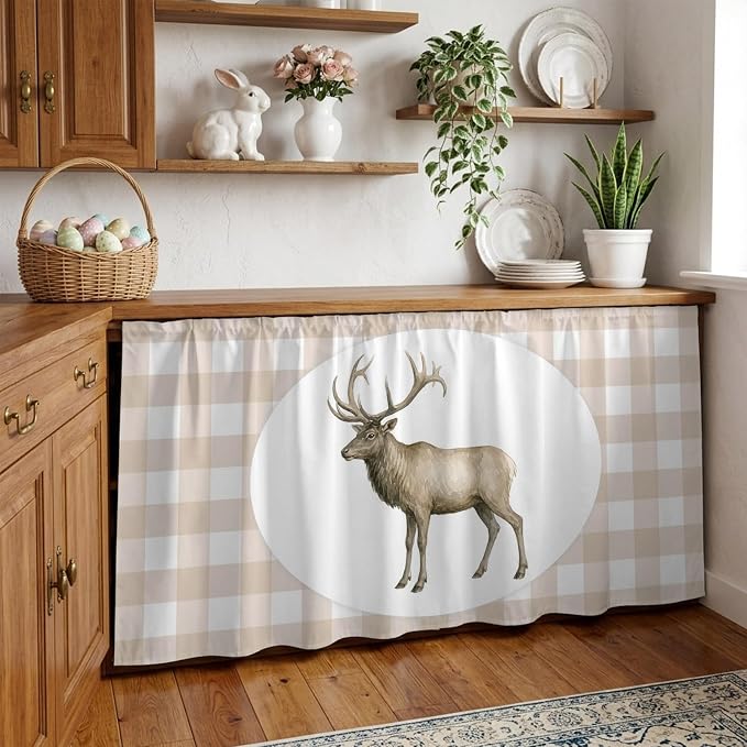 Majestic Buck Cabinet Curtains 28"x51" Sink Skirt for Bathroom Kitchen, Modern Natural Buck Rustic Farmhouse Plaid Self Stick Adhesive Under Desk Covers Tall Laundry Cabinet Storage Organizer
