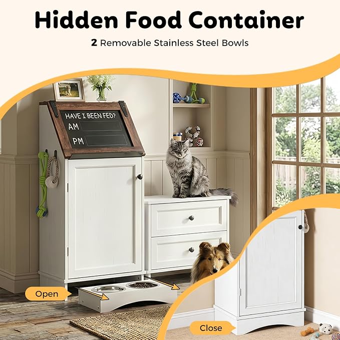 Dog Food Feeding Station Storage with Bowls, Pet Food Storage Cabinet with Flip-Top Blackboard, Hidden Trash Can, Pet Organizer Cabinet for Dog and Cat