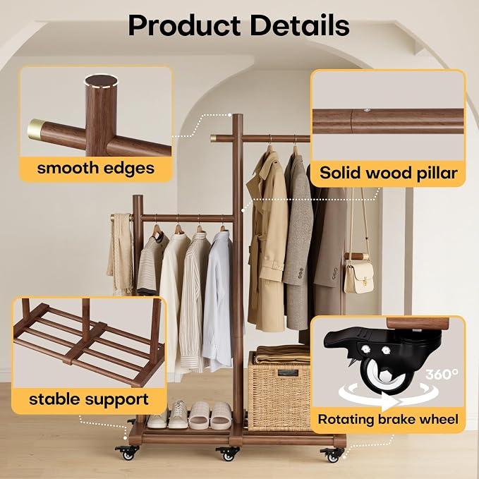 Wooden Clothing Rack, Double Pole Clothes Rack with 4 Hooks & 6 Wheels | Long and Short Clothing Section Design, Load Capacity 360Ib, Garment Rack for Hats, Scarves, Trench Coats, and Shoes