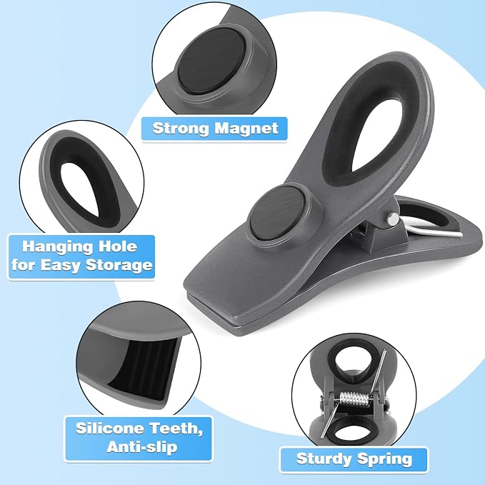 12 Pack Chip Clips, Bag Clips for Food, Magnetic Sealers for Chips and Other Food, Plastic Bag Clip for Kitchen, Fridge, Clothes, Sewing and Artwork (Grey)