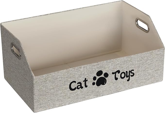 19.7 Inch Cat Toy & Supplies Storage Organizer with Metal Handles | Foldable Fabric Bin Kitten Pet Chest Trapezoid Container for Organizing Cats Clothes Accessories