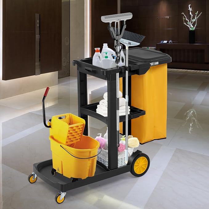 TUFFIOM Commercial Traditional Cleaning 3-Shelf Janitorial Cart, 500 Lbs Capacity Housekeeping Cart, Wheeled with Yellow VinylBag and Cover w Lid, Black,