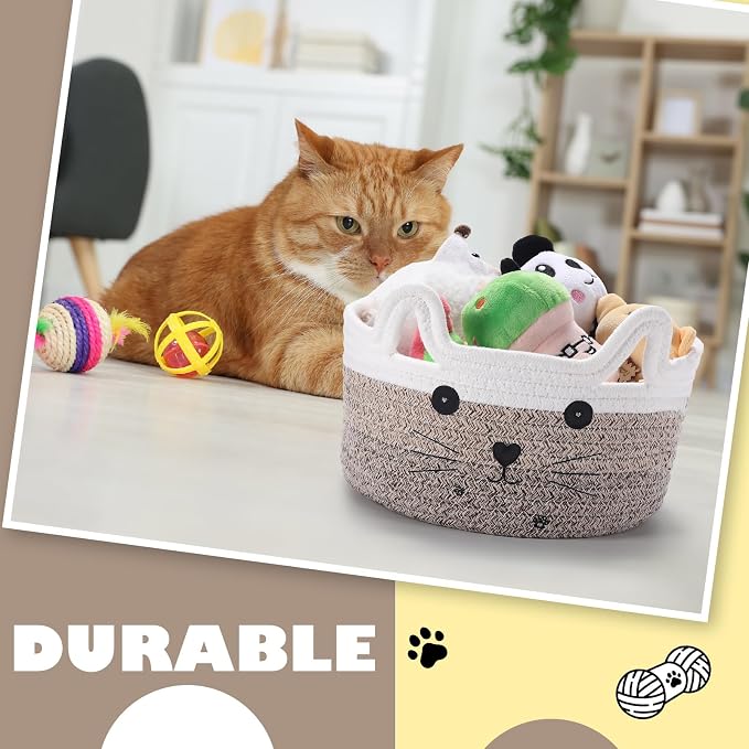 Zopeal Cat Storage Basket Woven Organizer with Ears Decorative Gift Cute Cotton Rope Pet Toy Basket for Gift Cat Dog Toy Bin Nursery Room(8.3 x 4.7 Inch,Gradient Khaki)