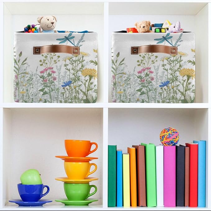 Colorful Herbs And Flowers Storage Baskets,Decorative Collapsible Rectangular Canvas Fabric Storage Bin for Home