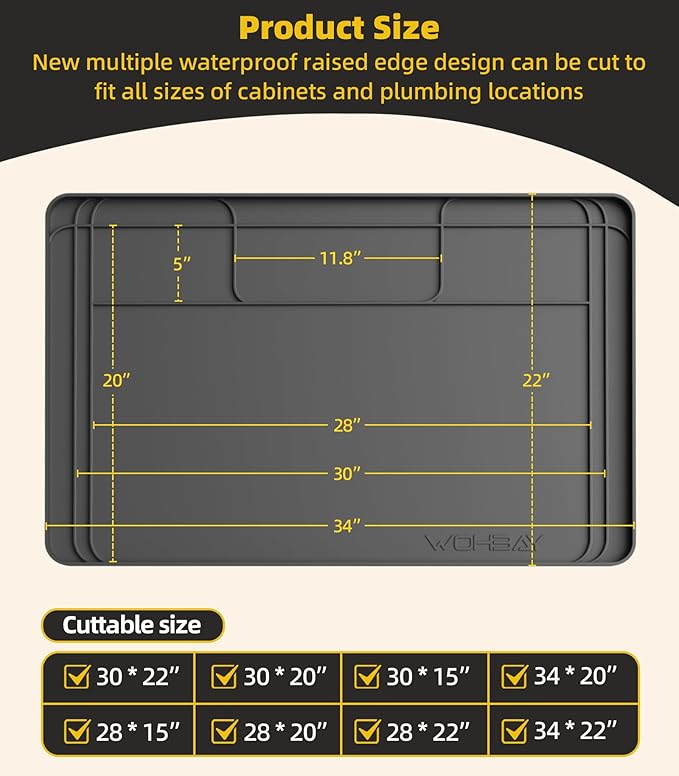 Under Sink Mats for Kitchen Waterproof 34"x22",Grey | Cut to Fit Design for Various Sizes, Leak-Proof Cabinet Protection,Durable Silicone Material,Versatile Home Use