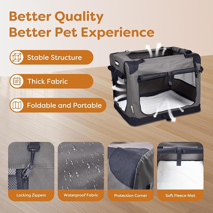 Jespet 3 Door Soft Dog Crates Kennel for Pets, Folding Travel Pet Carrier | 3 Mesh Doors 36'' Dog House, Locking Zipper, Easy to Install, Steel Frame, Removable Crate Pad, For Indoor & Outdoor Use