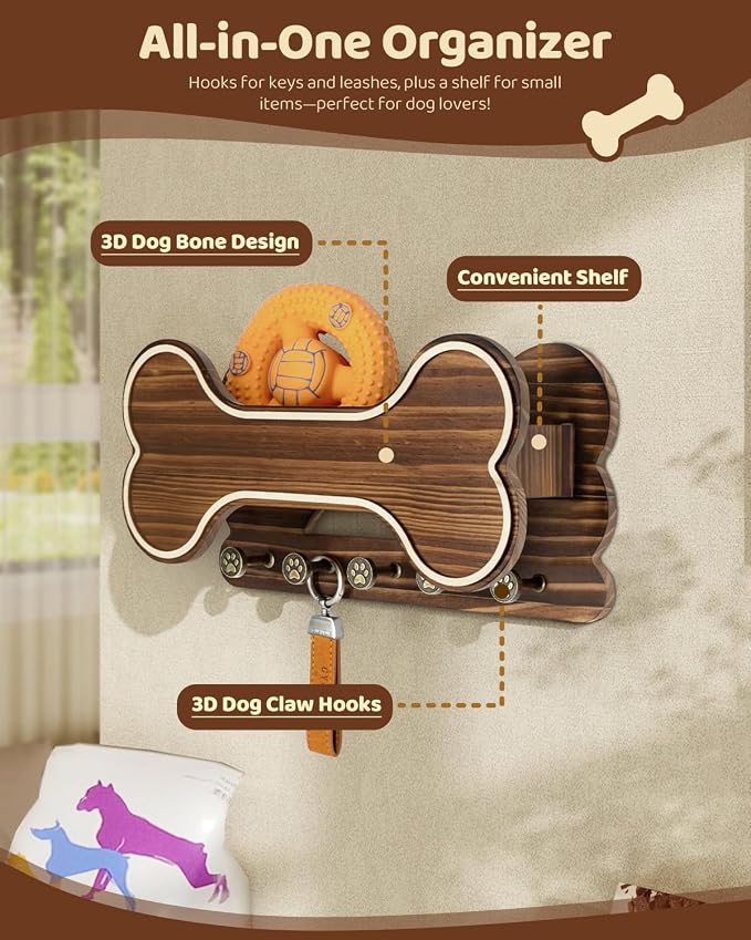 MTERSN Dog Leash Holder for Wall with Key Hooks for Dog Gear Storage, Brown | 3D Puppy Paw Hooks, Doggie Bone Shape, Key Rack with 5 Hooks, Wall Shelf for Treats & Dog Food, Ideal for Wall Decor
