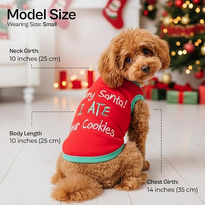 Parisian Pet Dog Tshirt - Embroidered “ Sorry Santa I Ate Your Cookies “ Dog Shirt - Lightweight Cotton Pet Christmas Outfit - Sleeveless Christmas Puppy Clothes - Shirts for Small Dogs - XXS