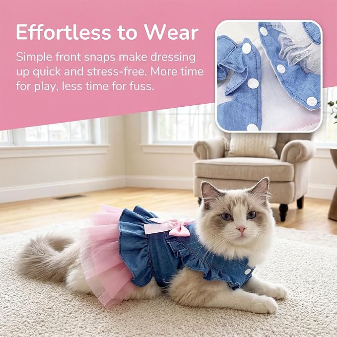 Dog Cat Denim Tutu Dress, Princess Puppy Kitten Outfit with Pearl Bow & Stand-Up Collar, Sleeveless Pet Clothes for Wedding Birthday Party, Easy Front Snap Closure for Chihuahua (Pink-Denim, Small)