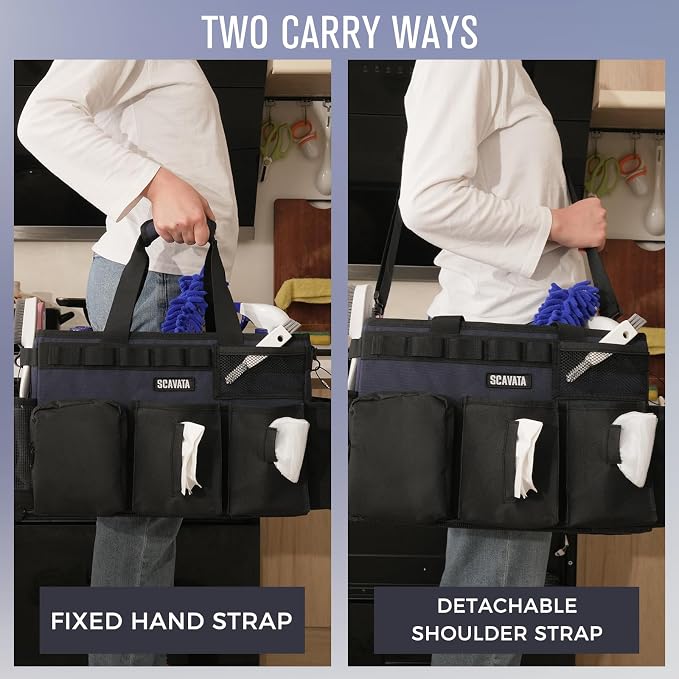 SCAVATA Wearable Cleaning Caddy Bag, Cleaning Caddy Supplies Organizer with Handle & Shoulder Straps for Housekeepers, Under Sink & Car Cleaning Tool Organizers with 4 Foldable Divider Navy (DarkBlue)