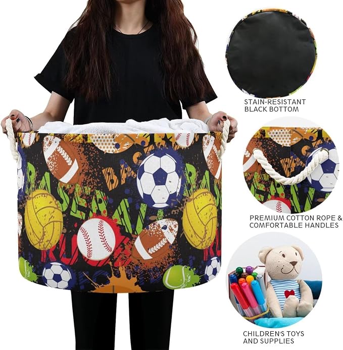 Sport Ball Print Collapsible Round Storage Basket with Handles | Basketball Baseball Large Laundry Baskets Hamper, Clothes Organizer Bin for Bedroom Living Room Decor, 20x 20x 14 Inches