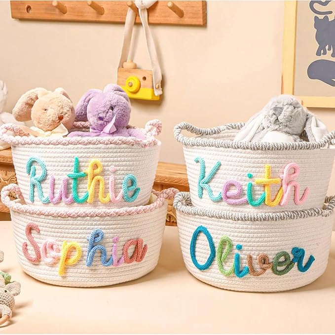 Personalized Cute Small Woven Basket with Handles, Custom Cotton Rope Room Shelf Storage Basket, Empty Decorative Gift Basket, Decorative Round Bin for Nursery Bedroom Bathroom (Style J)