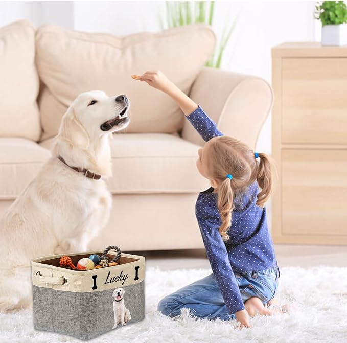 Personalized Dog Toy Storage Basket Bin with Name Photo Custom Pet Collapsible Organizer Box Container for Toys Coats Clothing Blankets