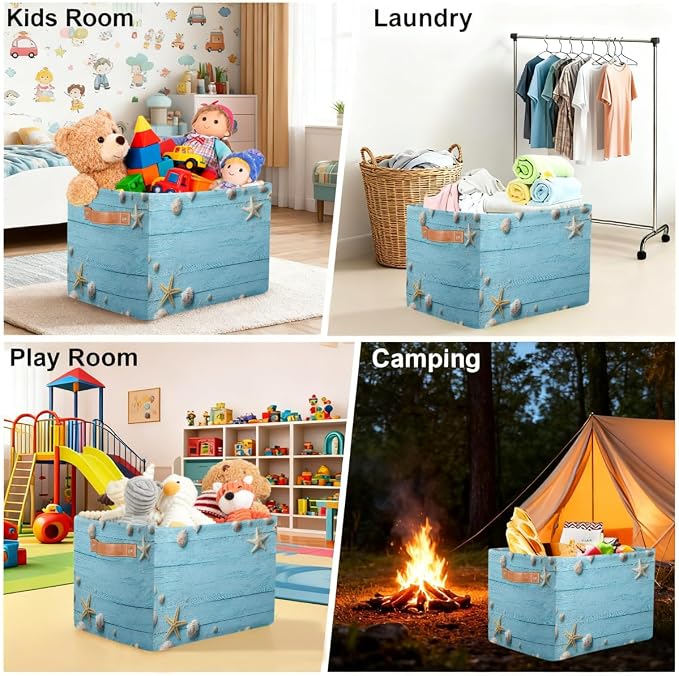 Pardick Storage Baskets Bin, Summer Wood Seashell Starfish Collapsible Canvas Fabric Storage Bin Decorative Baskets Toy Organizer Rectangle Storage Boxes with handles for Home Shelves Nursery,A-6