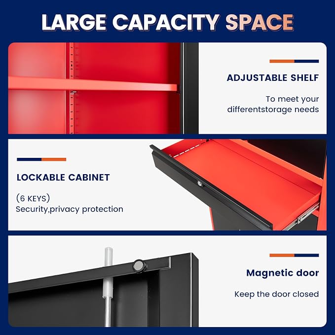 Metal Garage Storage Cabinet with Locking Doors and Adjustable Shelves,- 71" Tool Storage Cabinet with 1 Drawer for Garage,Office,Warehouse
