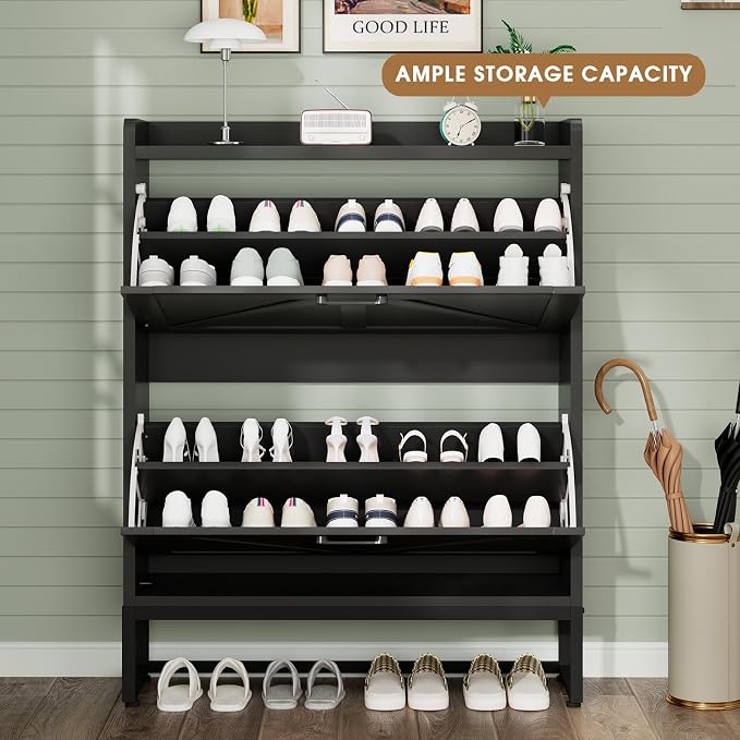 GRUSIGN Shoe Cabinet, Shoe Storage Cabinet with 2 Flip Drawers & Adjustable Shelf, Space-Saving Shoe Organizer – Holds 16+ Pairs, Narrow Shoe Cabinet Storage for Entryway/Hallway（Black）