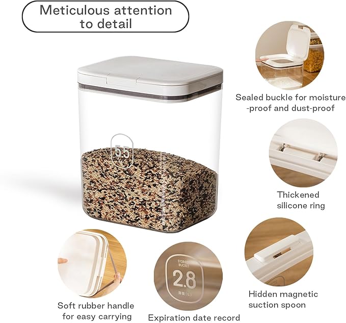 LivLab Mker 5-10 lb Airtight Dog Food Storage Container, White | Large airtight bin with pop-lock lid and clear body; stores 5-10 lb of dry dog food, cat treats, rice, or flour.