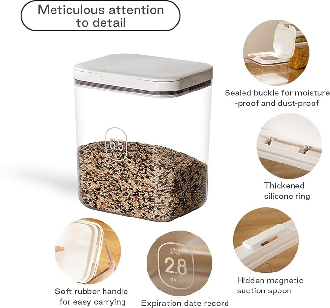 LivLab Mker 5 lb Airtight Dog Food Storage Container with Scoop, White | Airtight pop-lock lid with measuring cup; clear BPA-free bin stores dry dog or cat food, treats, rice, or flour.