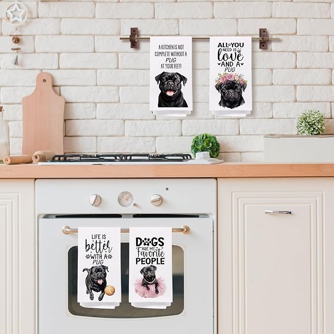 SPBL&L Black Pug Gifts for Women,Black Pug Dog Decor Kitchen Towels Set of 4, Decorative Hand Tea Dish Towels for Bathroom, 16x24 Inches