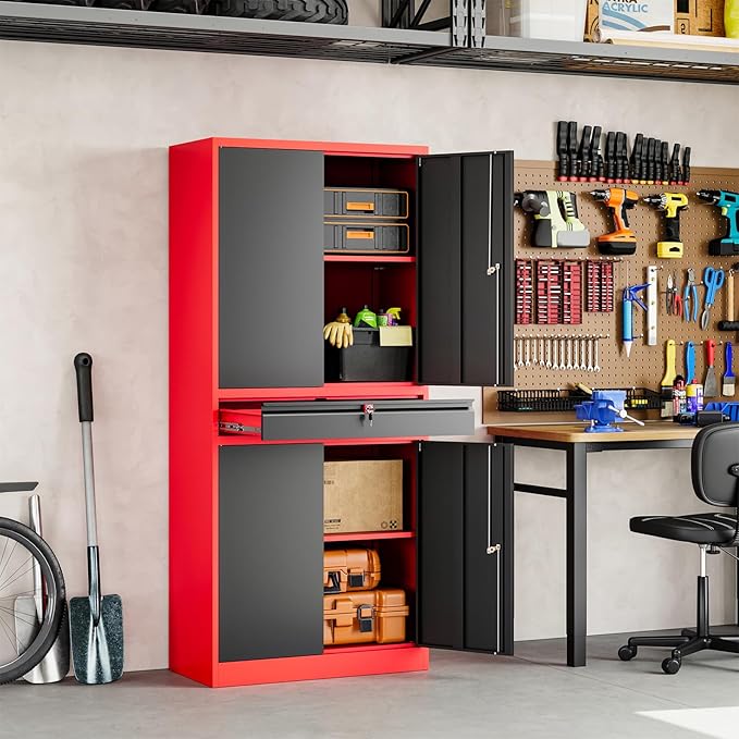 Metal Garage Storage Cabinet with Locking Doors and Adjustable Shelves,- 71" Tool Storage Cabinet with 1 Drawer for Garage,Office,Warehouse