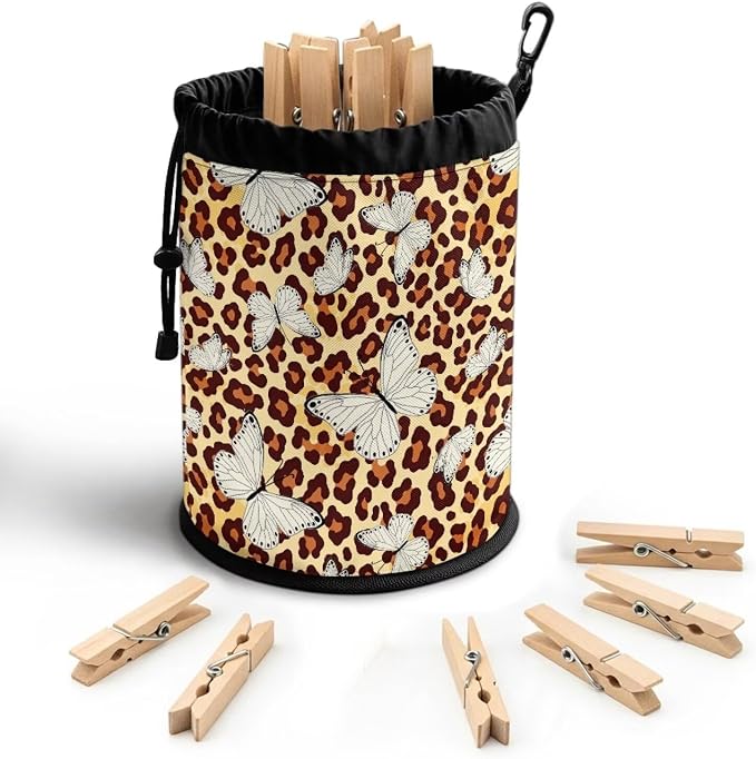 Drawstring Clothespin Organizer, Leopard Print Butterfly Portable Laundry Peg Bag with Hanging Grommet, Storage Pouch for Clips, Ideal for Drying Rack, Camping Gear, Home Use